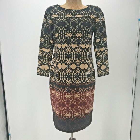 Taylor Dresses & Skirts - Taylor Shift Dress Womens 2 Tan Black Red Geometric Print Ponte Knit Crew Neck